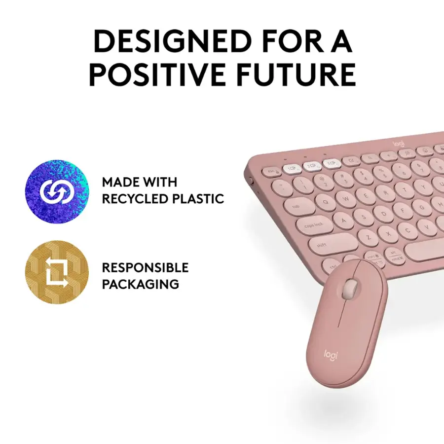 Designed for a Positive Future:

1. Made with Recycled Plastic:
2. Responsible Packaging:
3. Logitech:
4. & 5% of Sales Donated to Environmental Causes:
5. Tobii Dynavox:
6. Caps Lock Shift Lock:
7. Logi:
8. 1 & 3 2 1 W Q tob A caps flock shift Ct logi + 1 & . 5% 5 5 4 T E R F D 5 C X Z sn wan ence OF & 1 Y G V & C H logi