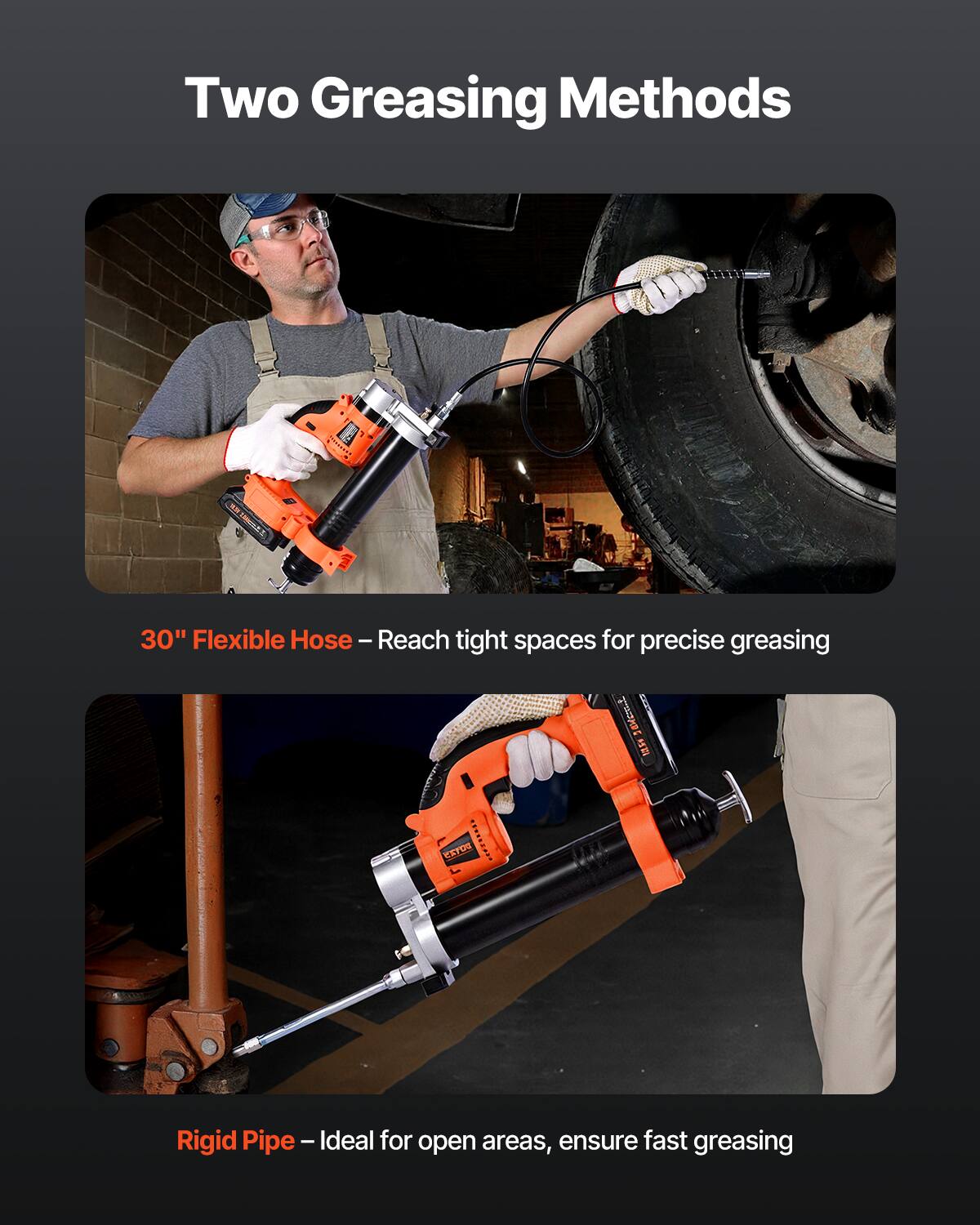 Two Greasing Methods

30" Flexible Hose – Reach tight spaces for precise greasing

Rigid Pipe – Ideal for open areas, ensure fast greasing