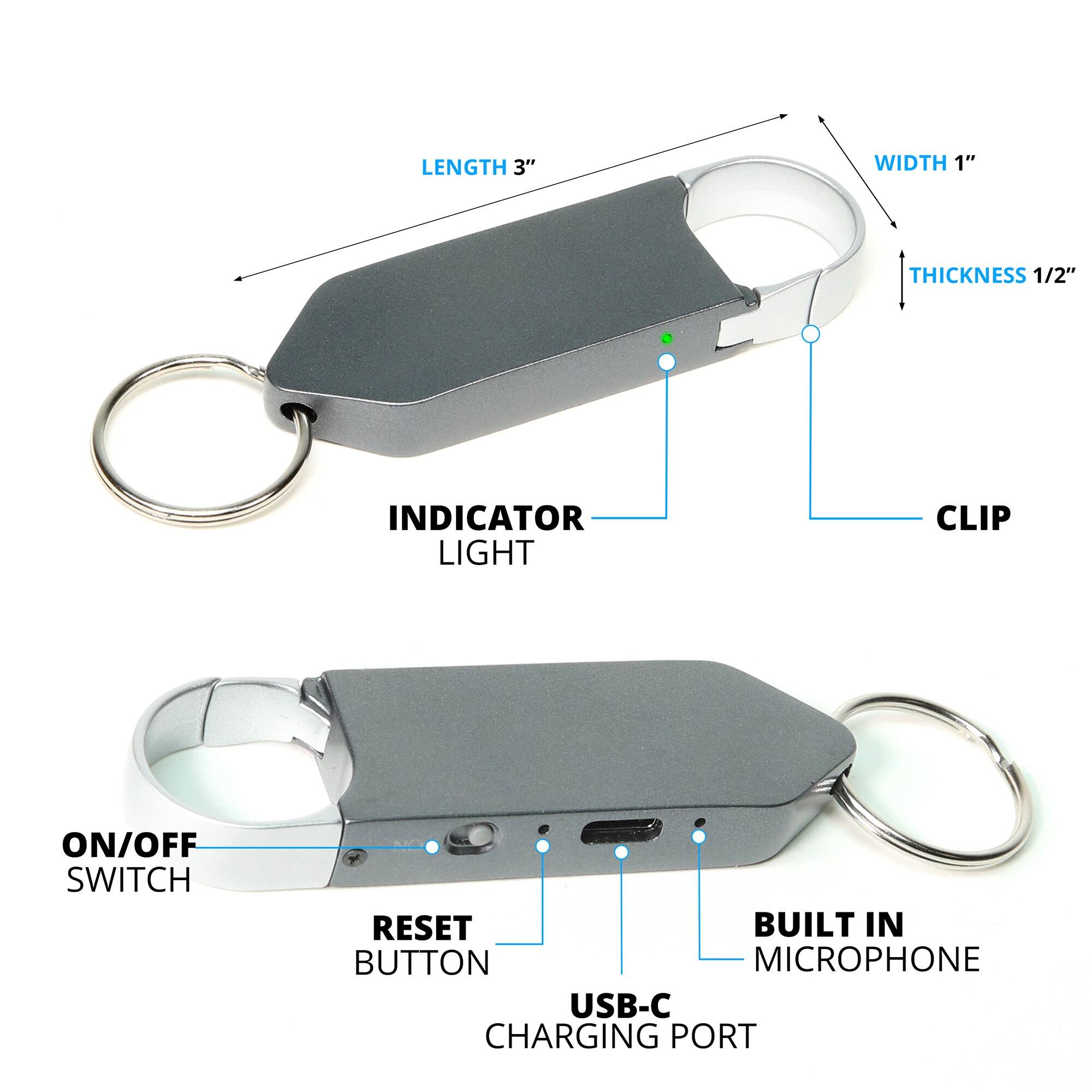 LENGTH 3"  
WIDTH 1"  
THICKNESS 1/2"  
INDICATOR LIGHT  
CLIP  
ON/OFF SWITCH  
RESET BUTTON  
BUILT IN MICROPHONE  
USB-C CHARGING PORT