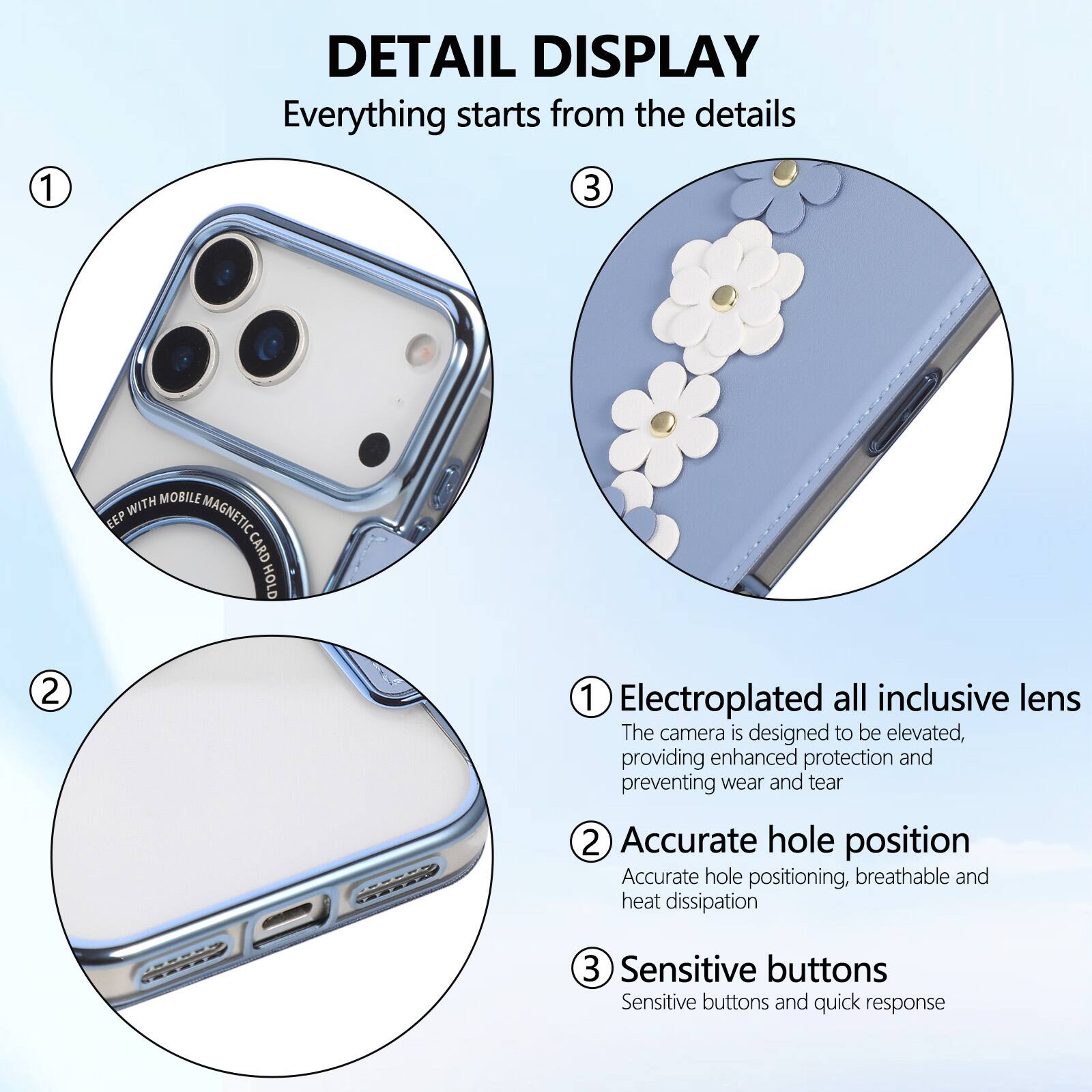 DETAIL DISPLAY  
Everything starts from the details

1. Electroplated all inclusive lens  
The camera is designed to be elevated, providing enhanced protection and preventing wear and tear

2. Accurate hole position  
Accurate hole positioning, breathable and heat dissipation

3. Sensitive buttons  
Sensitive buttons and quick response