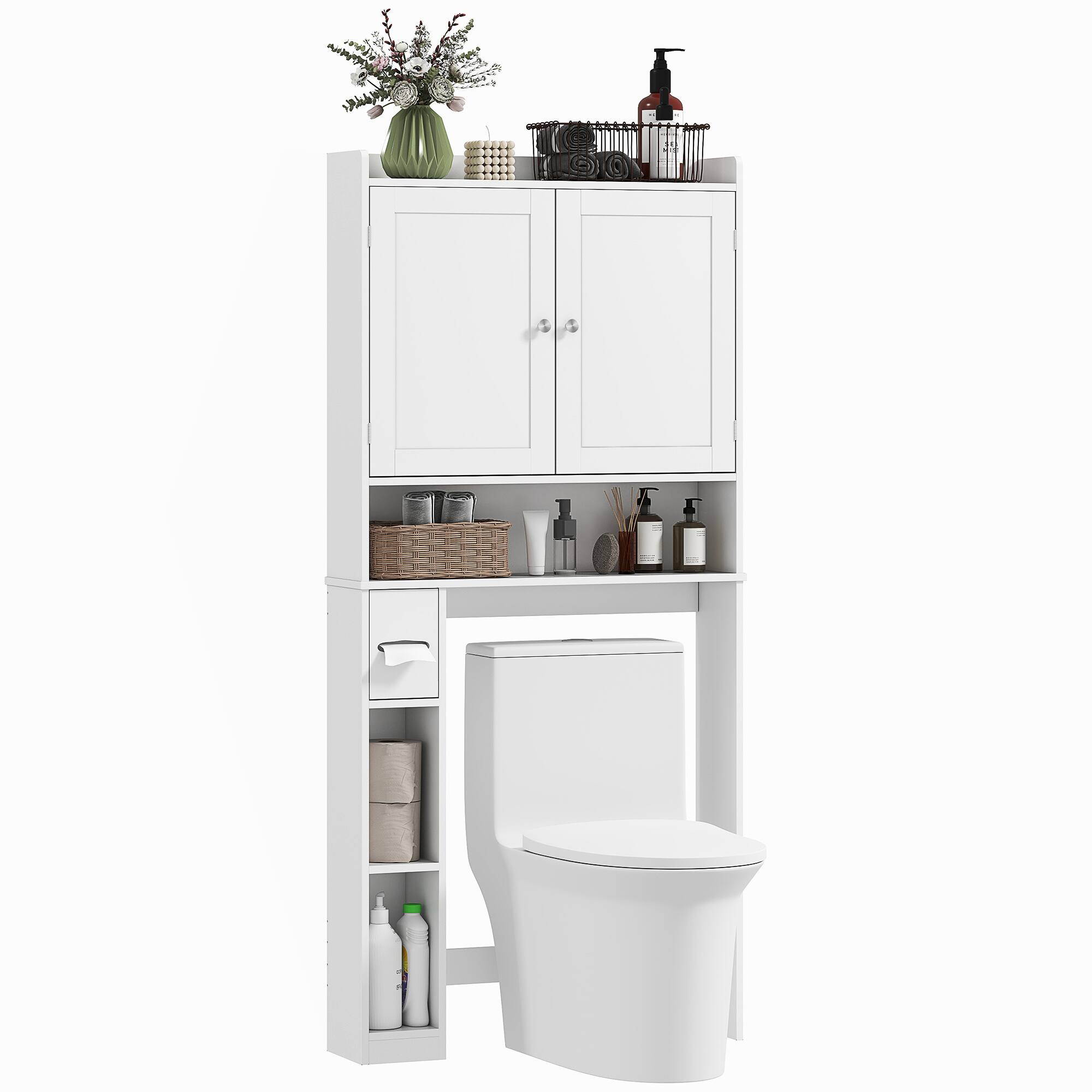 Homcom - Over the Toilet Storage Cabinet, Modern Above Toilet Bathroom Organizer with 2 Doors, Storage Shelves - White