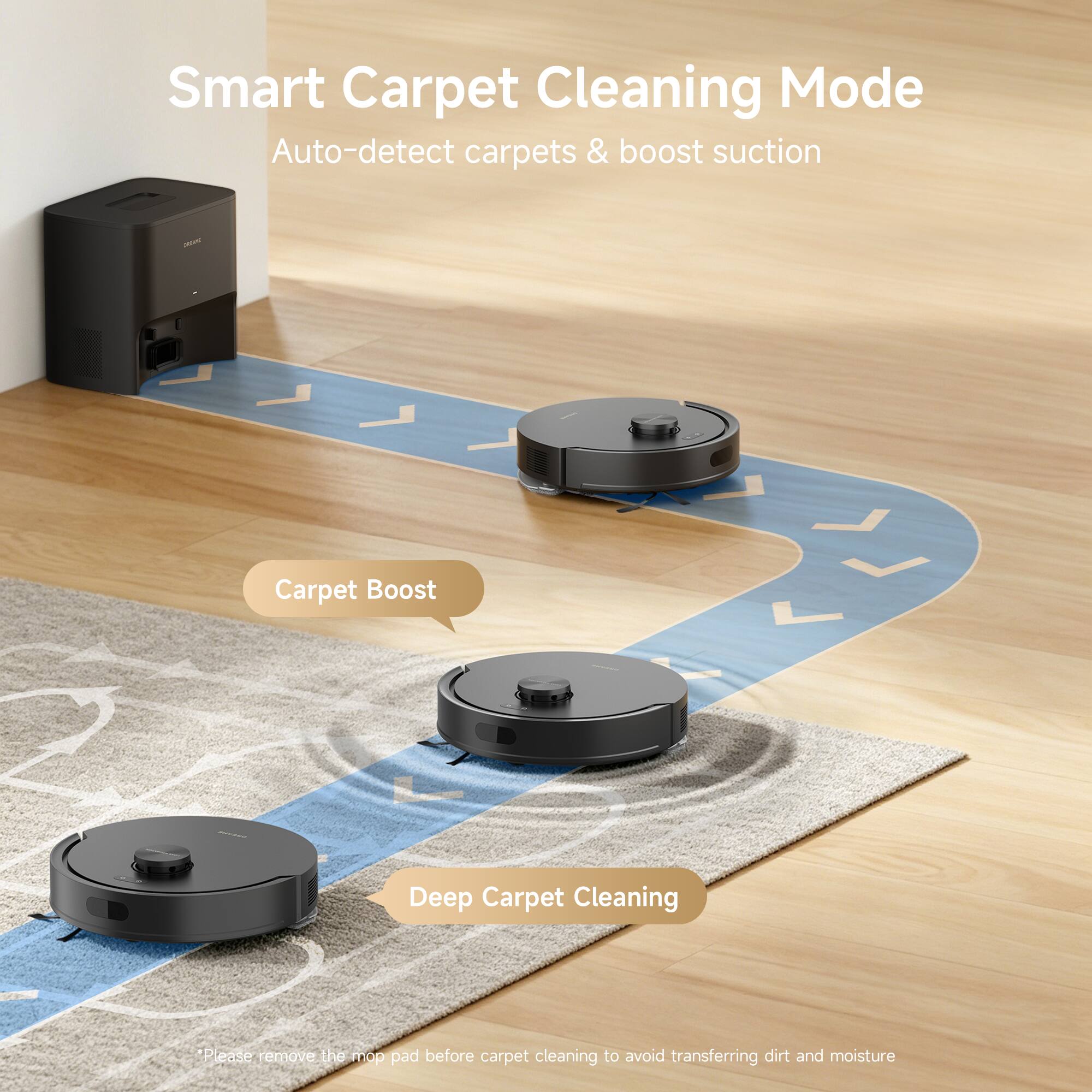 Smart Carpet Cleaning Mode  
Auto-detect carpets & boost suction  
Carpet Boost  
Deep Carpet Cleaning  

Please remove the mop pad before carpet cleaning to avoid transferring dirt and moisture