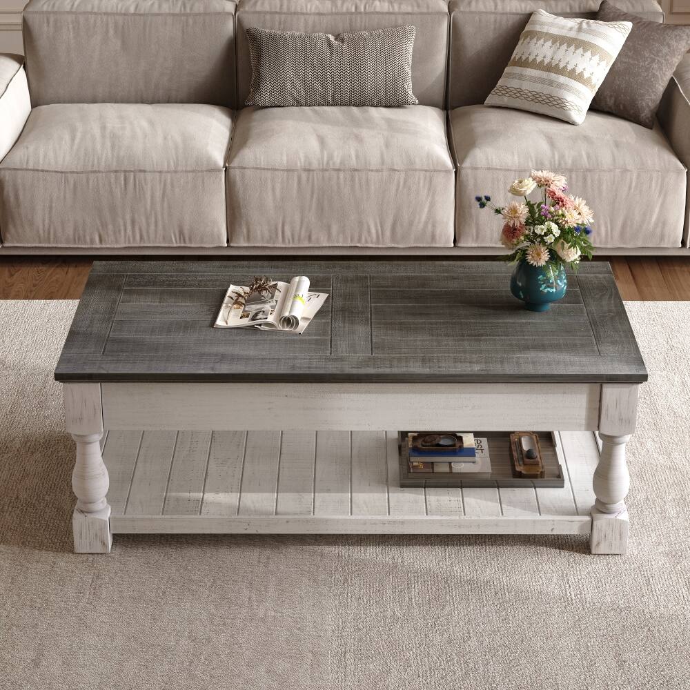Alt View 1. Loheer - Loheer farmhouse lift top coffee table, solid wood splice tabletop, two tier living room table - Antique Gray and Weathered White.