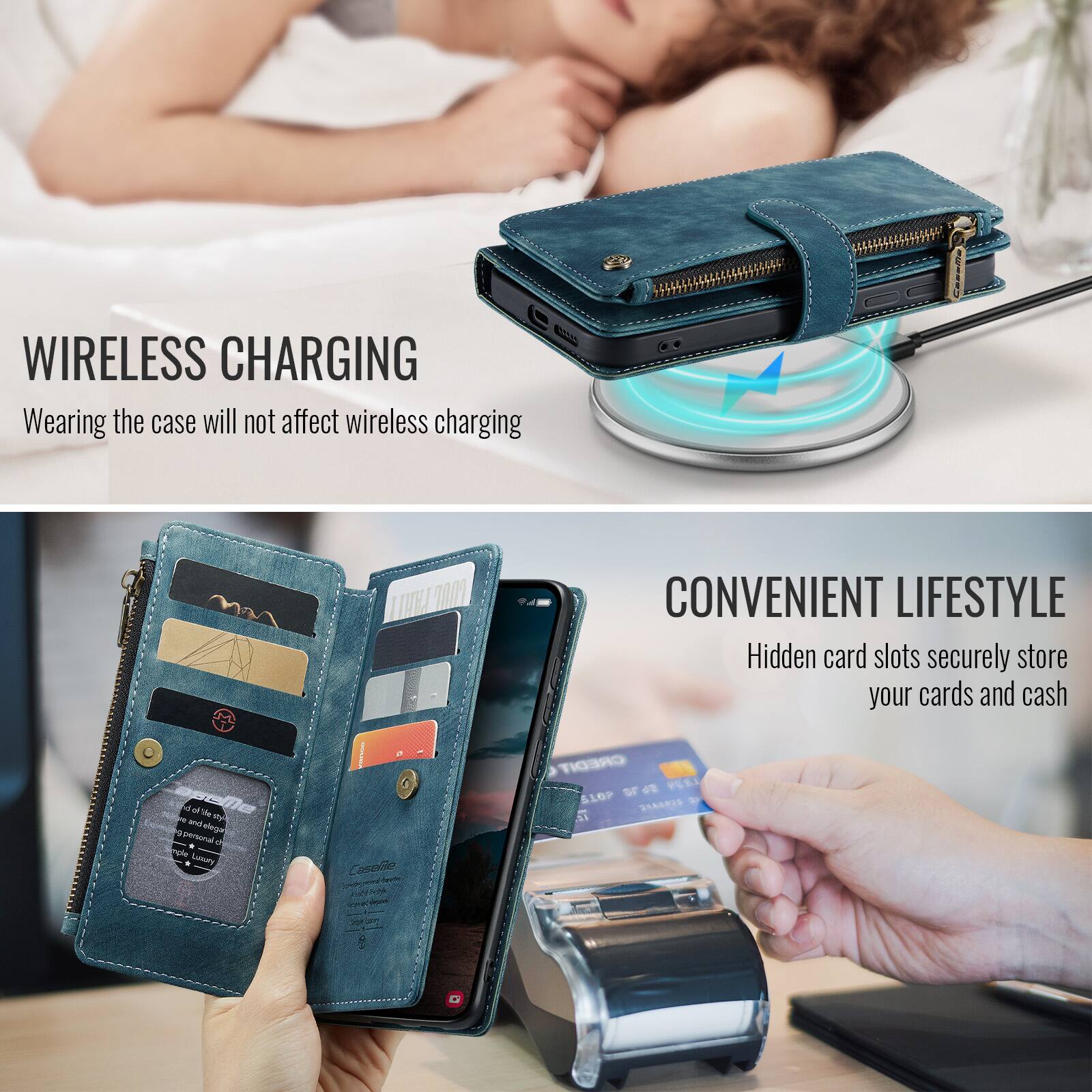 WIRELESS CHARGING  
Wearing the case will not affect wireless charging

CONVENIENT LIFESTYLE  
Hidden card slots securely store your cards and cash

aseme and of gil style 9 personal elegan * mple Luaury

Casellie Toya

CREDIT STOP 5678 DNARROS 31