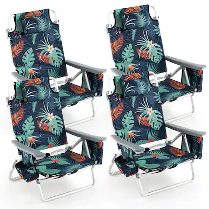 Front. Costway - 4-Pack Folding Backpack Beach Chair 5-Position Outdoor Reclining Chairs with Pillow - Dark Green.