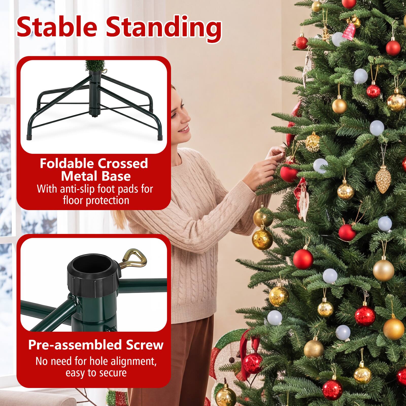 Stable Standing

Foldable Crossed Metal Base With anti-slip foot pads for floor protection

Pre-assembled Screw No need for hole alignment, easy to secure