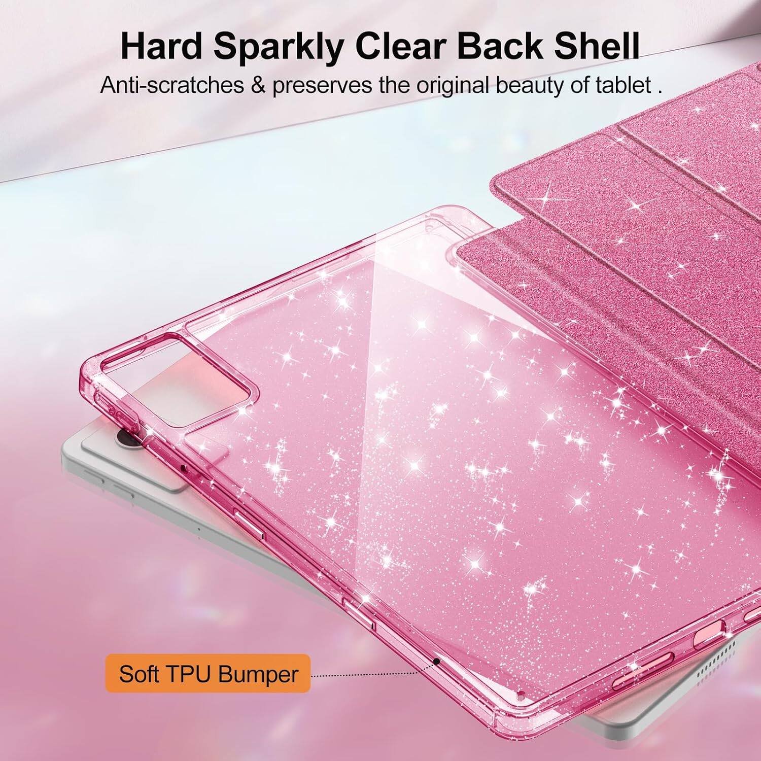 Hard Sparkly Clear Back Shell  
Anti-scratches & preserves the original beauty of tablet.  

Soft TPU Bumper