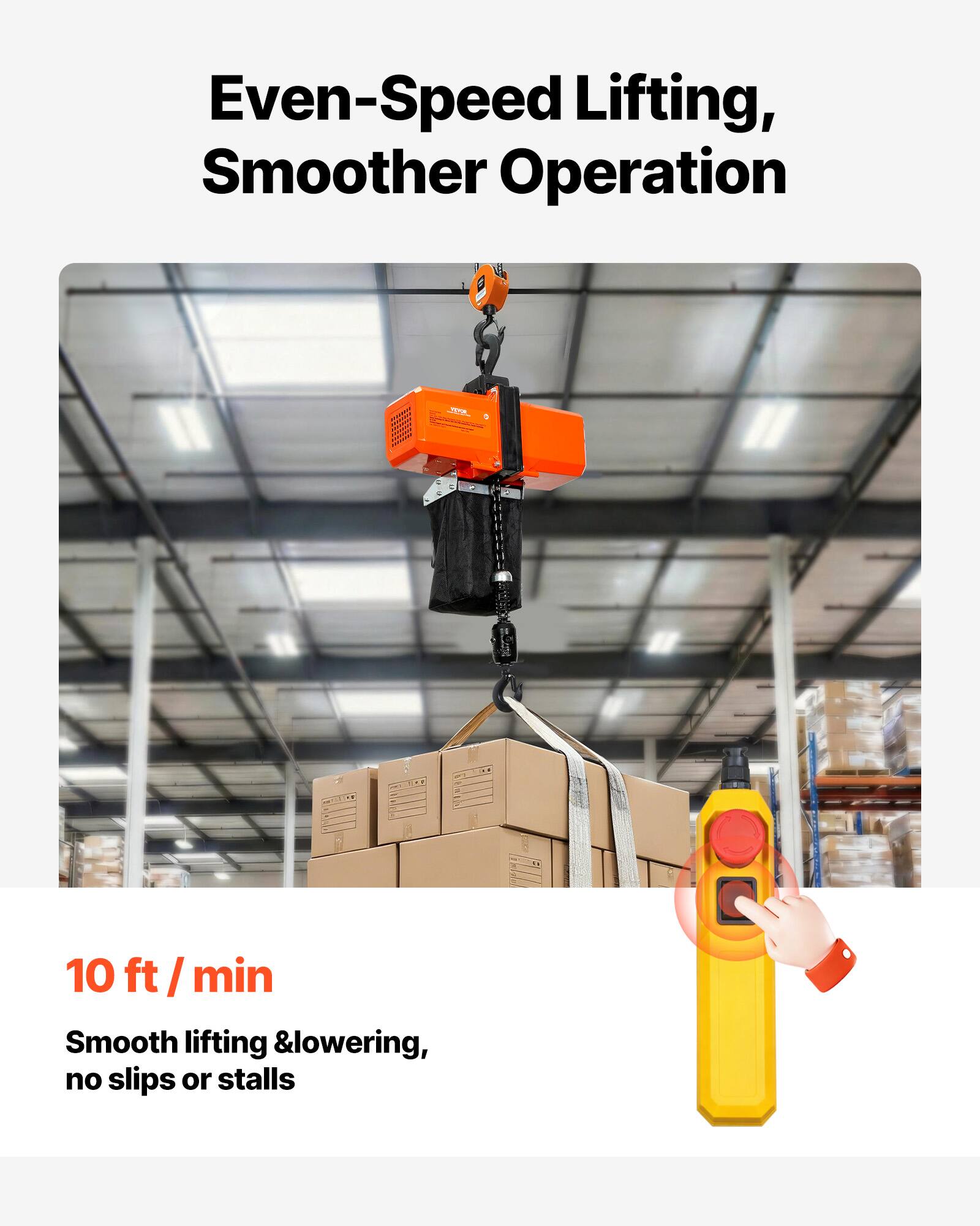 Even-Speed Lifting, Smoother Operation

10 ft/min

Smooth lifting & lowering, no slips or stalls