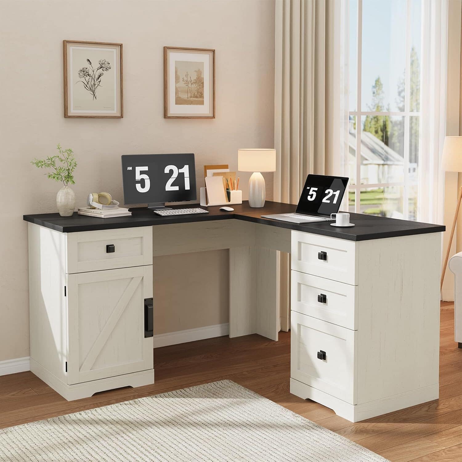 Acekool - Executive L Shaped Home Office Computer Desk with File Drawers, Black+White