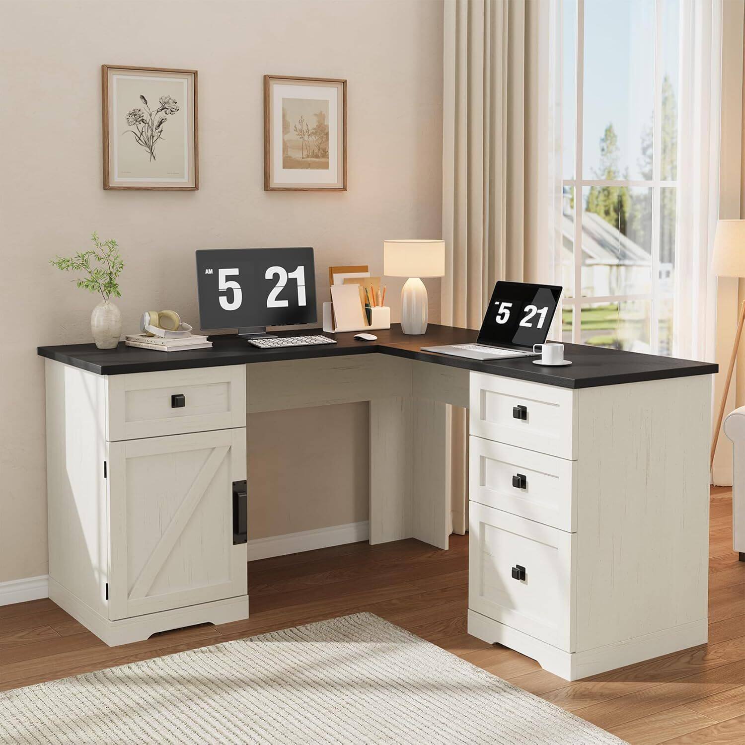 Front. Acekool - Executive L Shaped Home Office Computer Desk with File Drawers, Black+White.