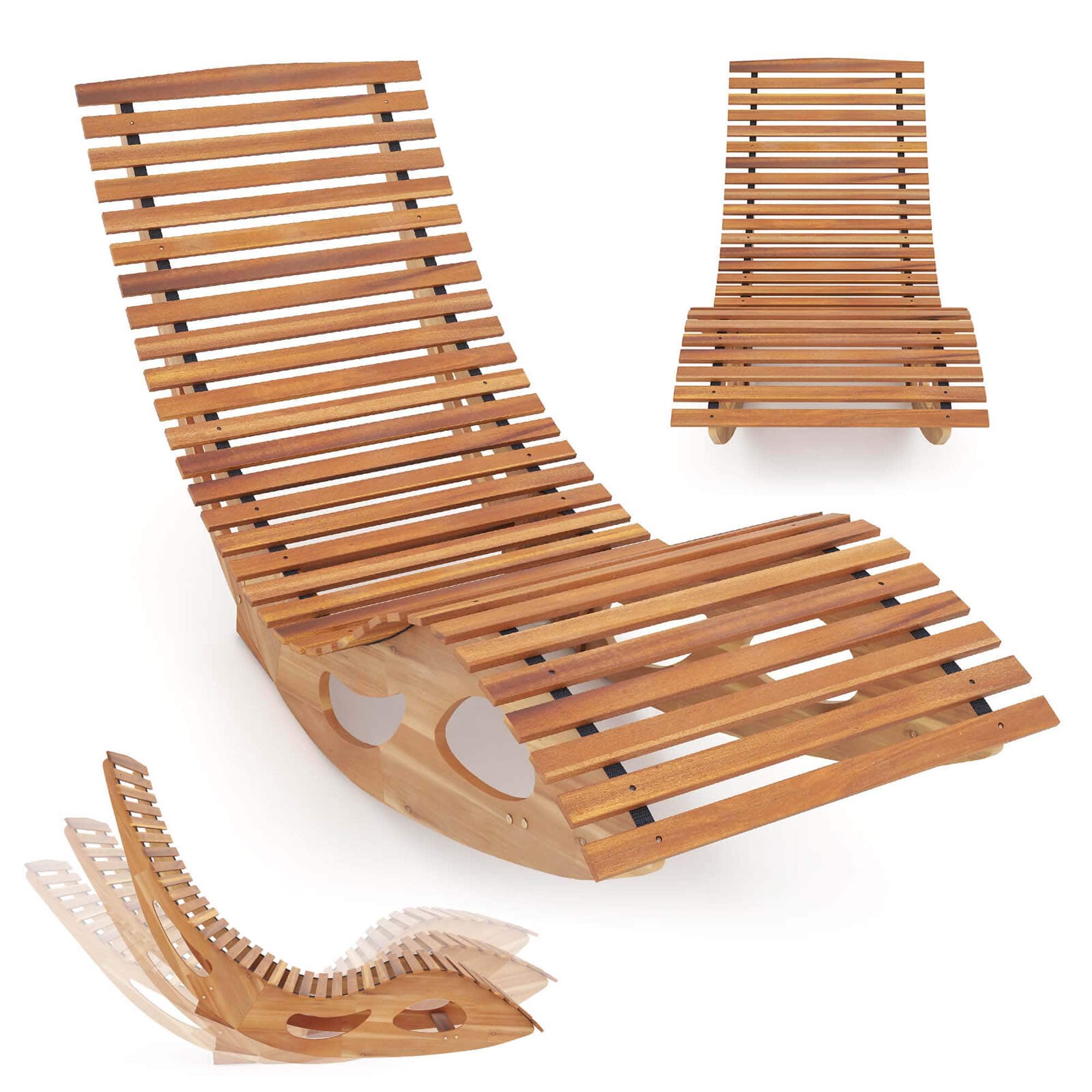 Costway - Outdoor Chaise Lounge with High Back Slatted Seat Stopper Outside Wood Rocker - Brown