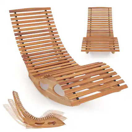 Front. Costway - Costway Outdoor Chaise Lounge with High Back Slatted Seat Stopper Outside Wood Rocker - Brown.