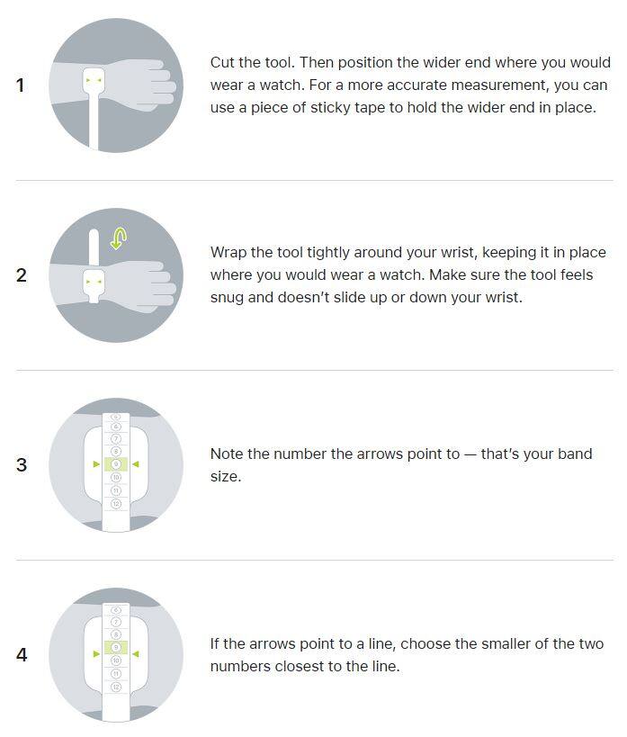 1. Cut the tool. Then position the wider end where you would wear a watch. For a more accurate measurement, you can use a piece of sticky tape to hold the wider end in place.

2. Wrap the tool tightly around your wrist, keeping it in place where you would wear a watch. Make sure the tool feels snug and doesn't slide up or down your wrist.

3. Note the number the arrows point to — that's your band size.

4. If the arrows point to a line, choose the smaller of the two numbers closest to the line.