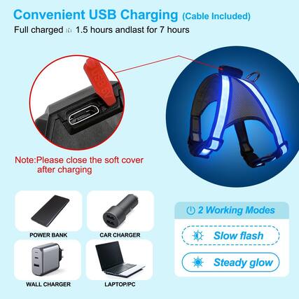 Convenient USB Charging (Cable Included)
Full charged in 1.5 hours and lasts for 7 hours
Note: Please close the soft cover after charging
2 Working Modes
- Slow flash
- Steady glow
POWER BANK
CAR CHARGER
WALL CHARGER
LAPTOP/PC