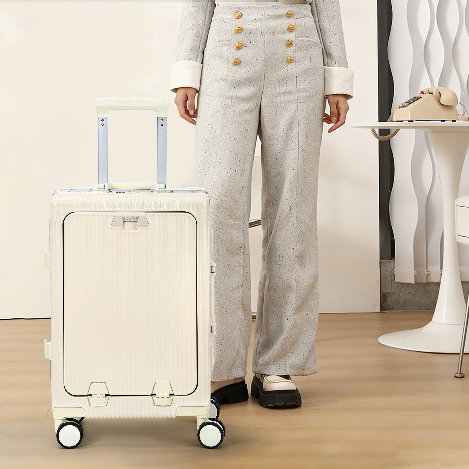 Left. Oumilen - 20 Inch Front Opening Aluminum Frame Carry On Luggage – ABS+PC Hard Shell with TSA Lock, USB Port, Cup Holder, Off White - Off White.