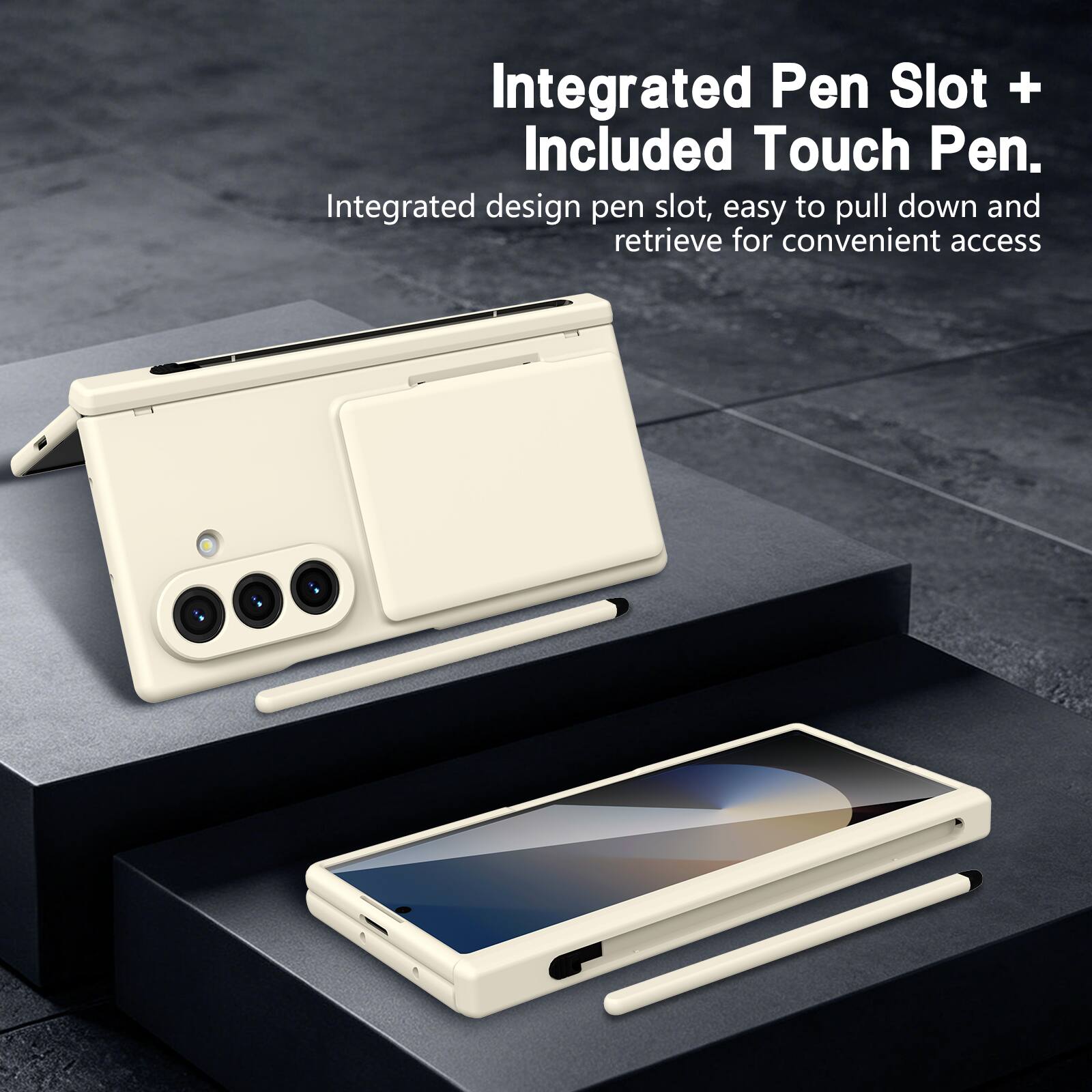 Integrated Pen Slot + Included Touch Pen.  
Integrated design pen slot, easy to pull down and retrieve for convenient access
