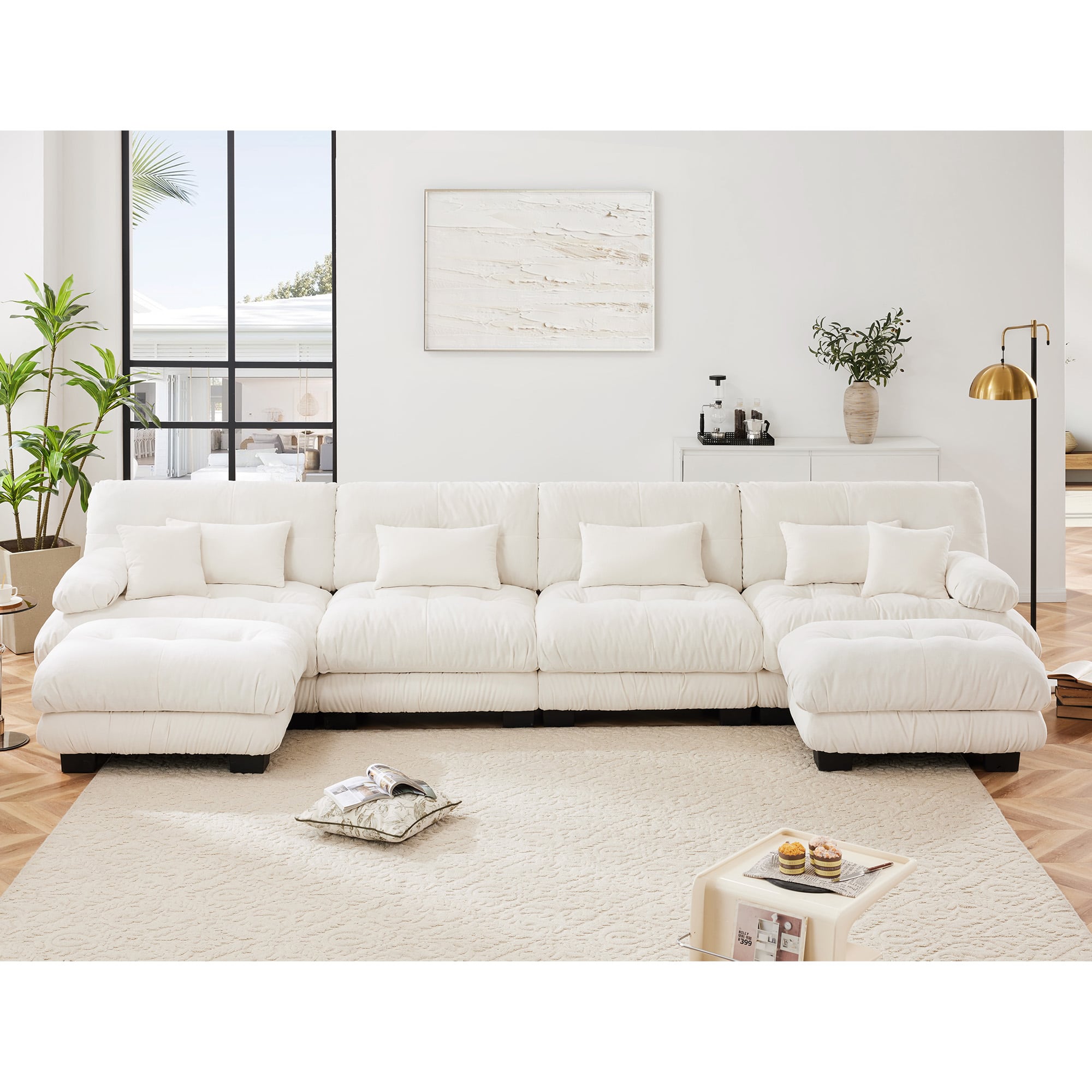 Aukfa - U-Shaped Sectional Cloud Sofa with Ottomans - 4 Seater Modern Velvet Corner Couch with Bolstered Armrests - White