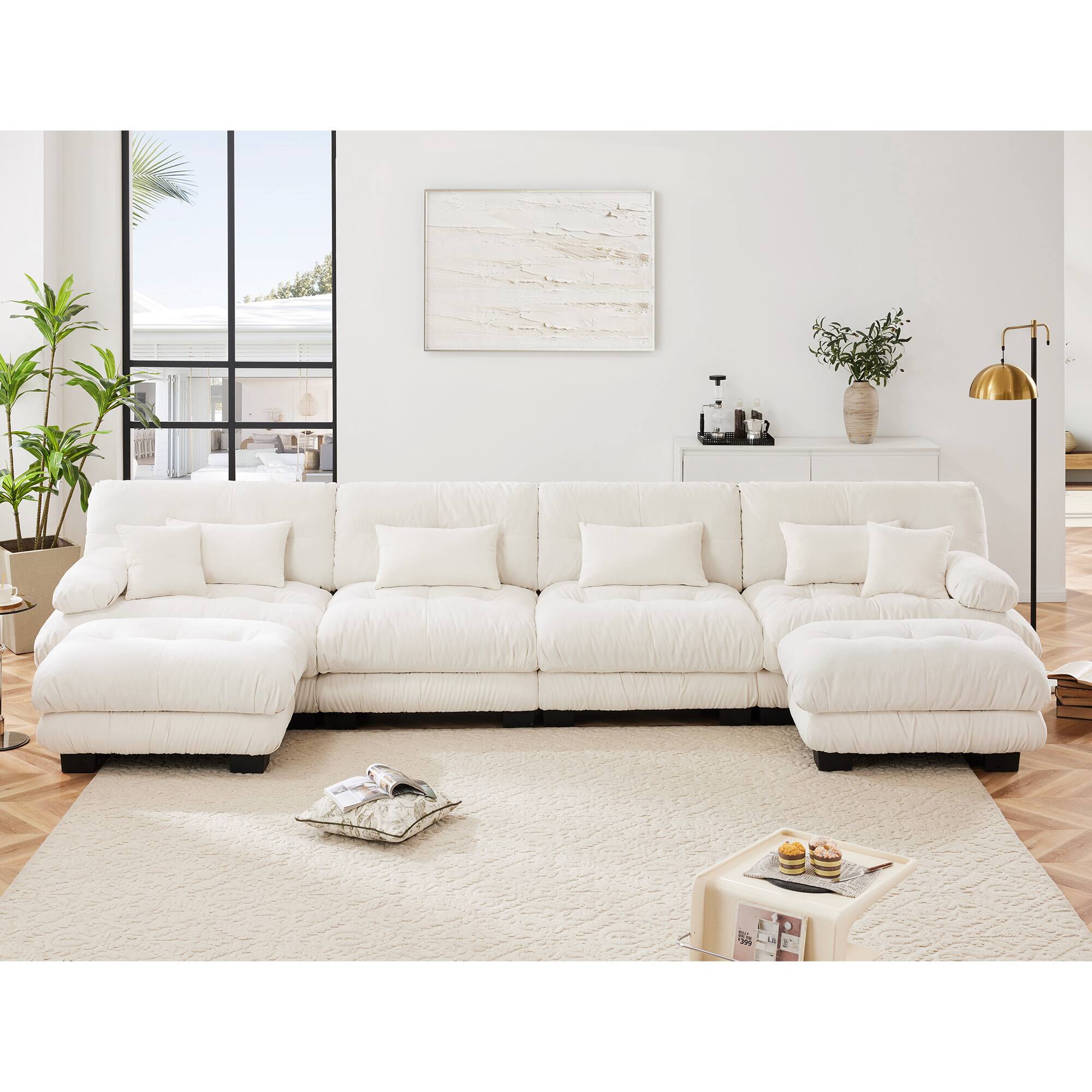 Left. DOMETOUR - Free Combination Modular Sectional Sofa,U Shaped Couch for Living Room, 4-Seater Comfy Cloud Couch with 2 Ottomans - Chenille White.