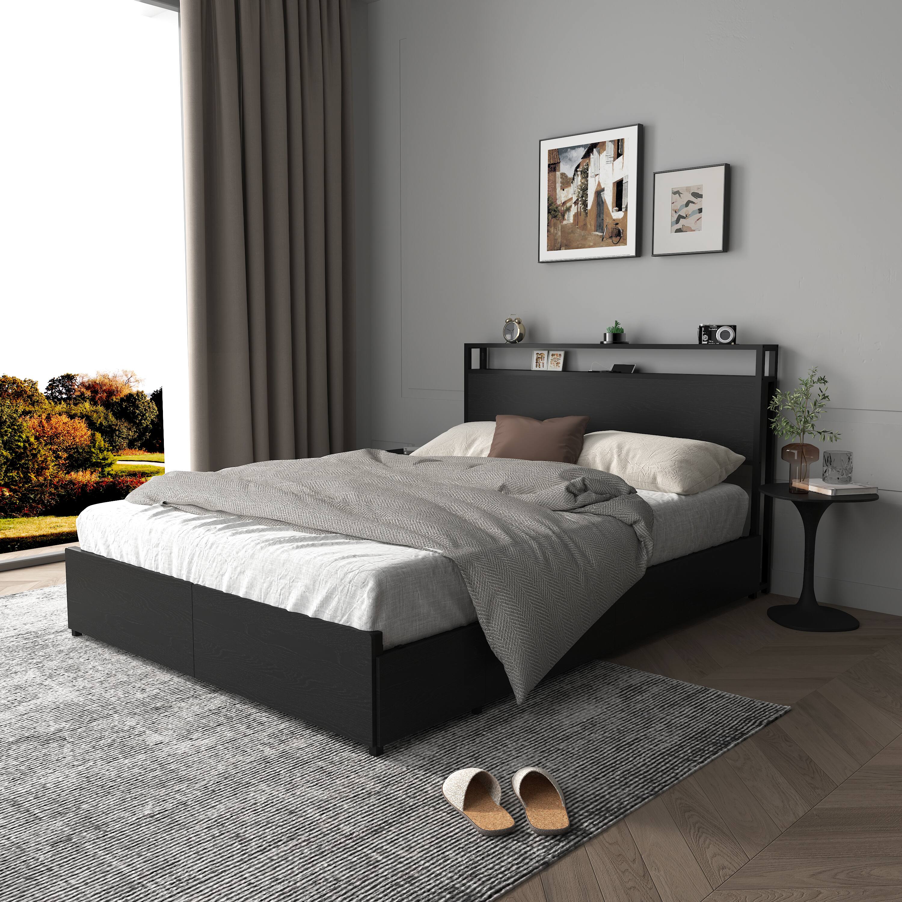 Angle. LUCKY ONE - Full Size Bed Frame, Storage Headboard with Charging Station - Black.