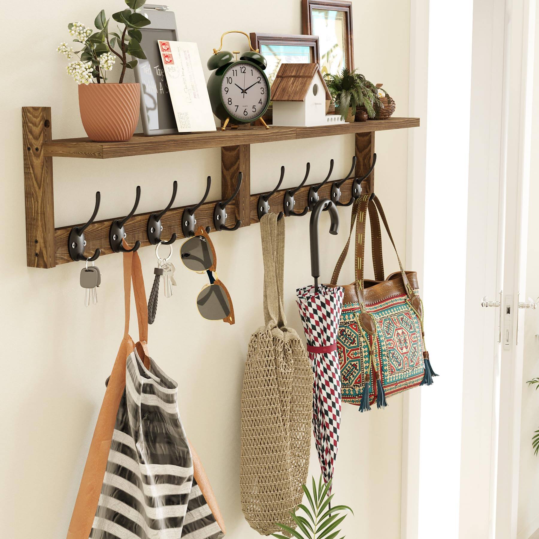 Angle. HM 1810 - Wooden Extra-long Wall Hook Rack With Shelf - Versatile And Decorative Wall-mounted Storage For Hanging Coats... - 28.9inch Stylish Black.