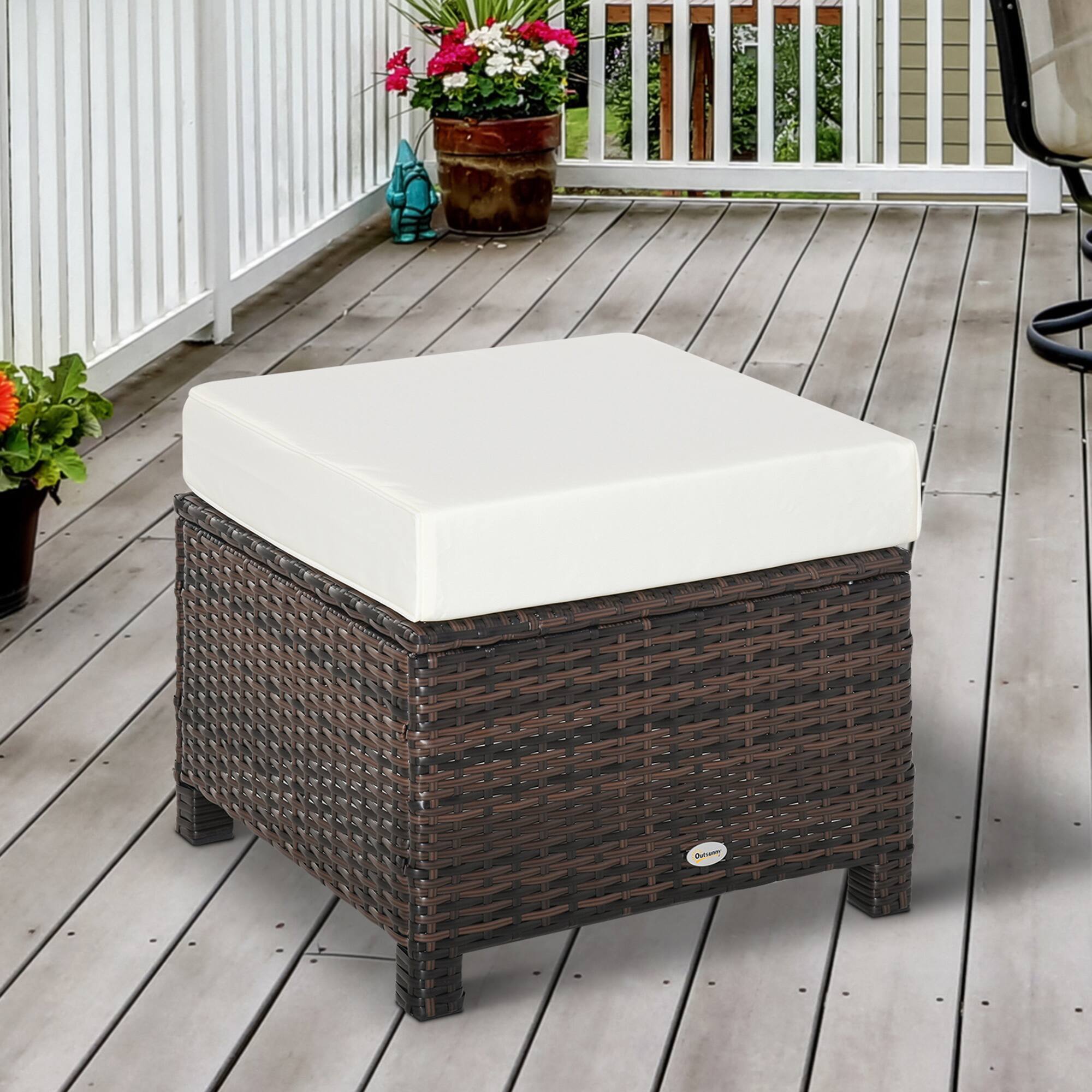 Alt View 1. Outsunny - 20" Patio Wicker Ottoman, Multipurpose Outdoor PE Rattan Footrest, Additional Seating, Side Table with Soft Cushion - Brown and Off-white.