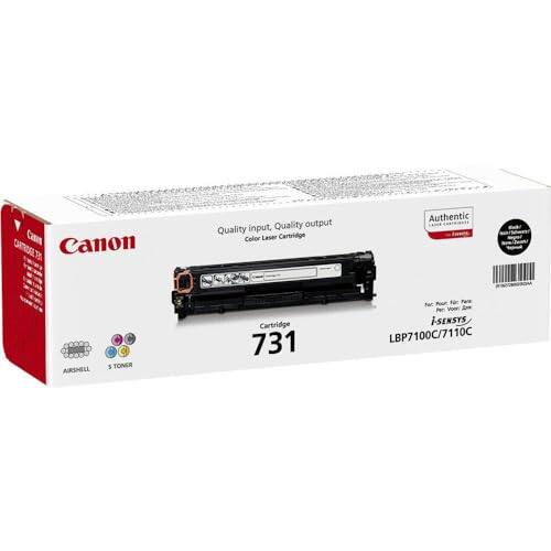 Sure, here is the corrected and grouped text from the image:

---

**Canon**

**Quality input. Quality output.**

**Quality Color Laser Cartridge**

**Authentic**

**AIRSHELL 5 TONER Cartridge**

**731**

**For use with:**

**i-SENSYS LBP7100C/7110C**

**Cartridge**

**731**

**LPF7100C/7110C**

---

This text is organized to reflect the information on the packaging accurately.