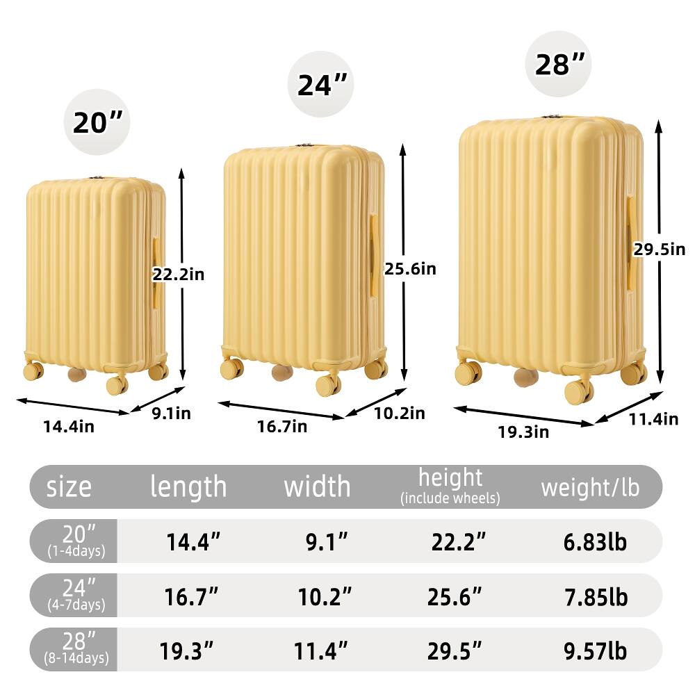 20"  
24"  
28"  
22.2in  
25.6in  
29.5in  
14.4in  
9.1in  
16.7in  
10.2in  
19.3in  
11.4in  
size 20" (1-4days)  
length 14.4"  
width 9.1"  
height weight/lb (include wheels) 22.2" 6.83lb  
24" (4-7days) 28" (8-14days)  
16.7" 19.3"  
10.2" 11.4"  
25.6" 29.5"  
7.85lb 9.57lb