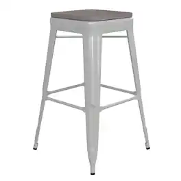Emma + Oliver - Kam Backless Metal Indoor-Outdoor Stool with All-Weather Polystyrene Seat - Gray Seat/White Frame