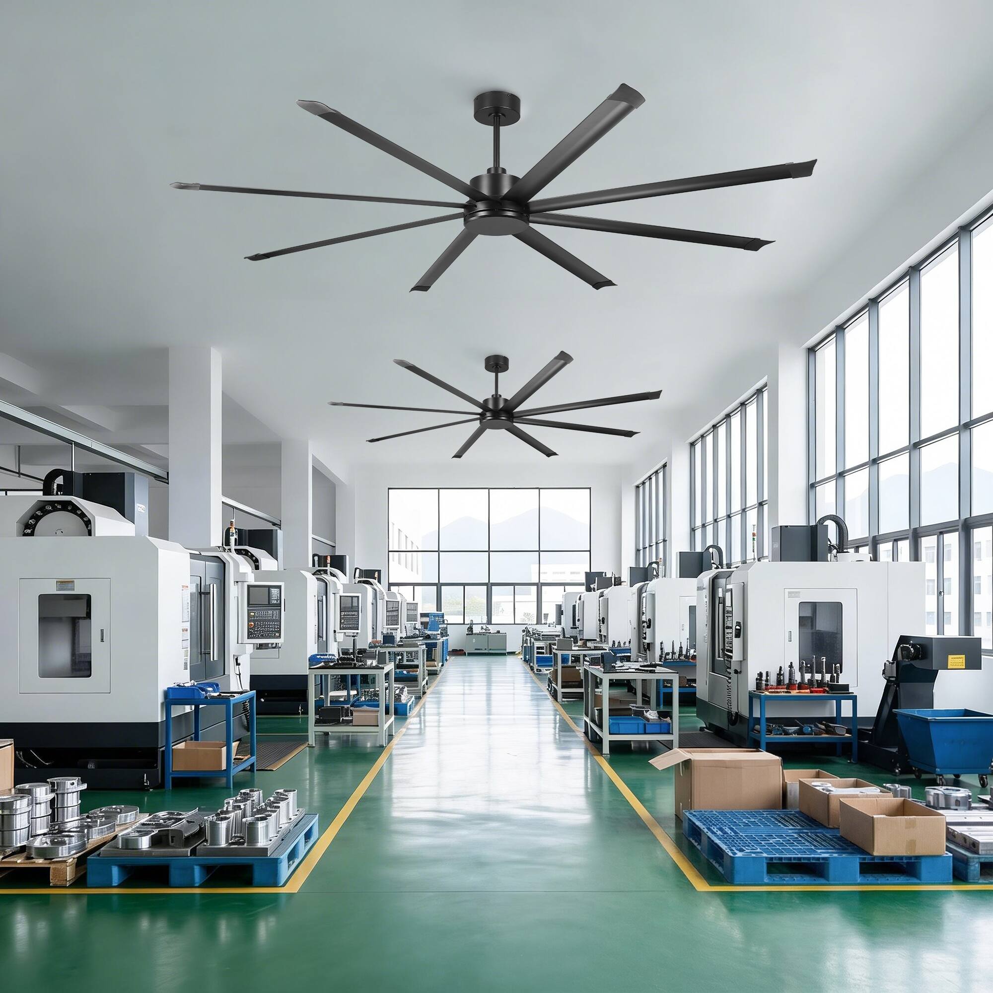 Angle. Vaczon - 100" Industrial 8 Aluminum Blades 6-Speed DC Motor Ceiling Fan with Remote Control, 15000 CFM High Airflow, No Light - Matte Black.