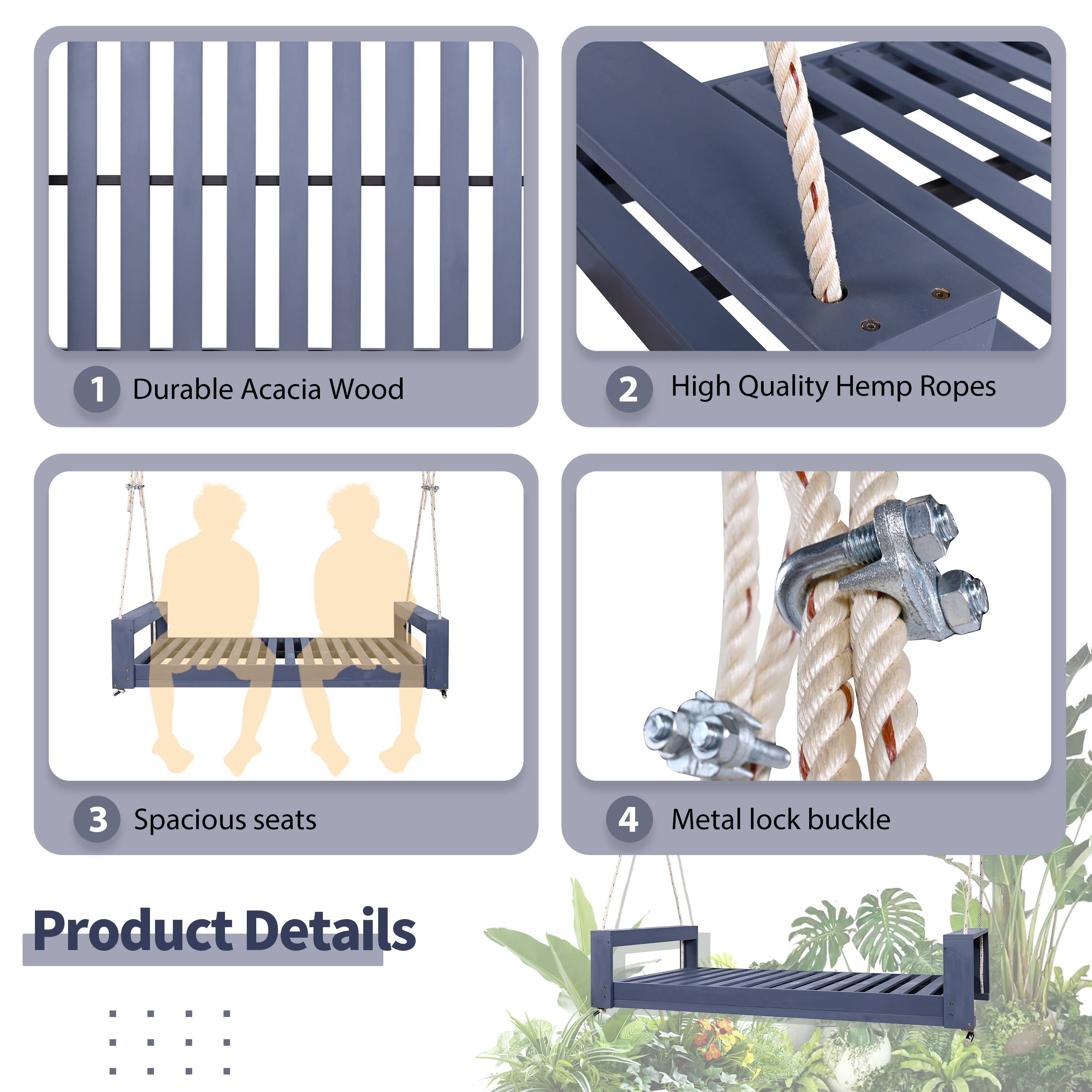 1. Durable Acacia Wood  
2. High Quality Hemp Ropes  
3. Spacious seats  
4. Metal lock buckle  

Product Details