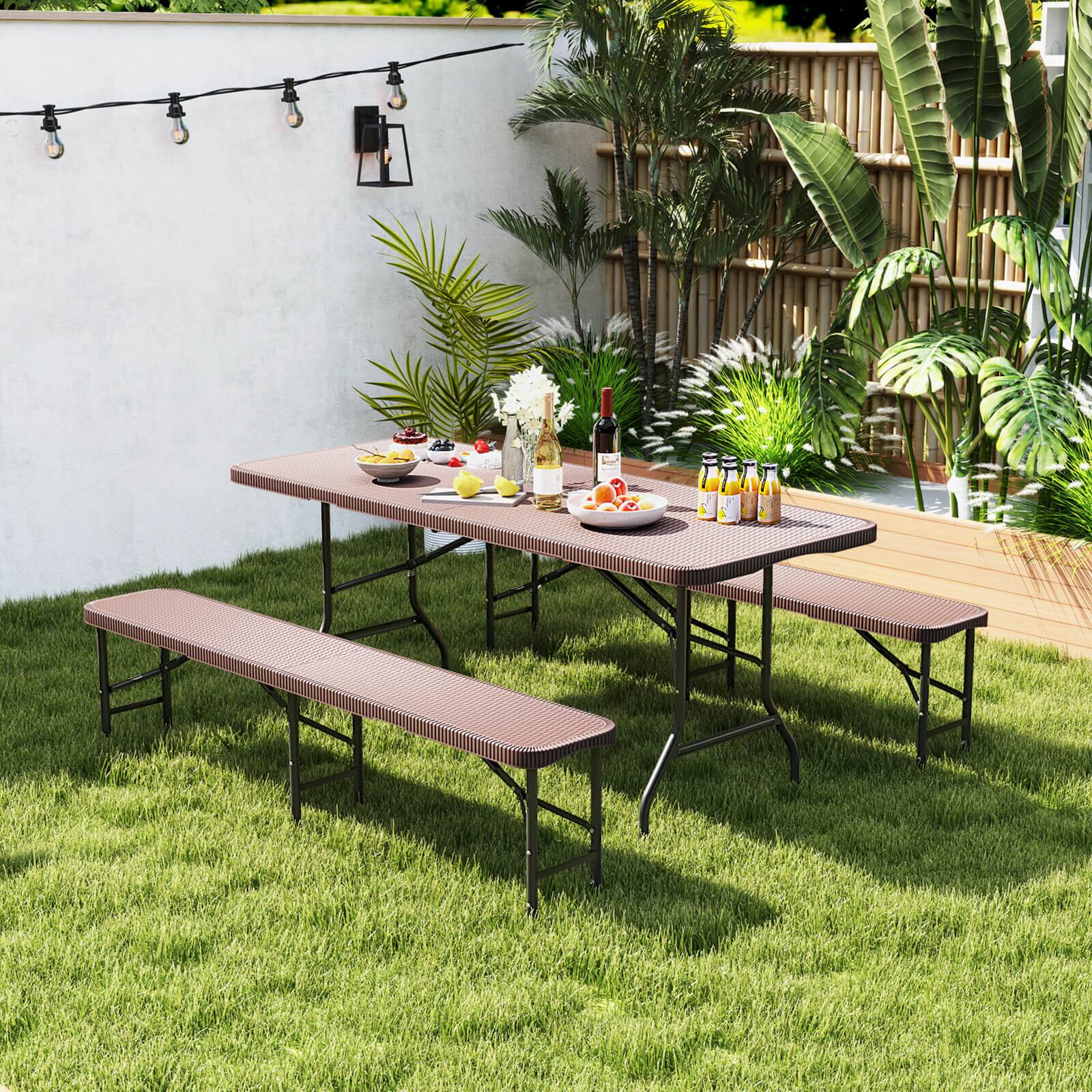 Alt View 1. Costway - Costway 6 ft Plastic Folding Bench with 1320 LBS Capacity Handle & Lock For Outdoor Camping - Coffee.