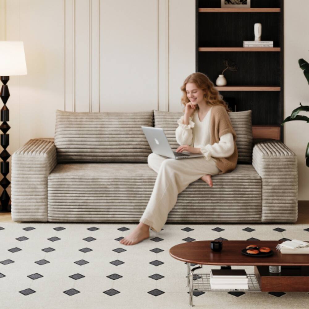 Left. LUCKY ONE - 71" 3-Seater Corduroy Deep Seat Sofa Loveseat No Assembly for Living Room Bedroom - Camel.
