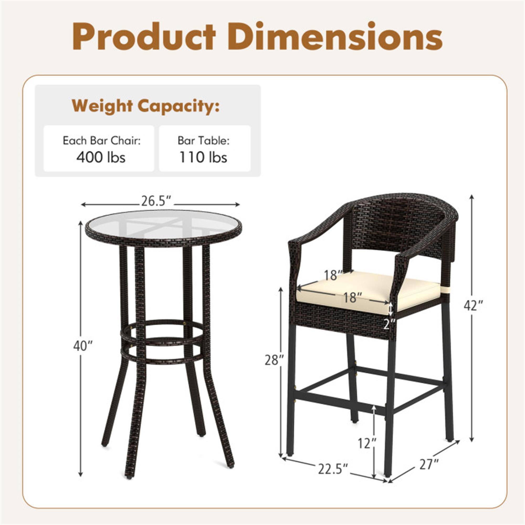 Product Dimensions

Weight Capacity:
- Each Bar Chair: 400 lbs
- Bar Table: 110 lbs

Dimensions:
- Bar Table: 26.5" (diameter) x 40" (height)
- Bar Chair: 18" (seat width) x 18" (seat depth) x 42" (height) x 22.5" (width) x 12" (depth) x 27" (leg height)