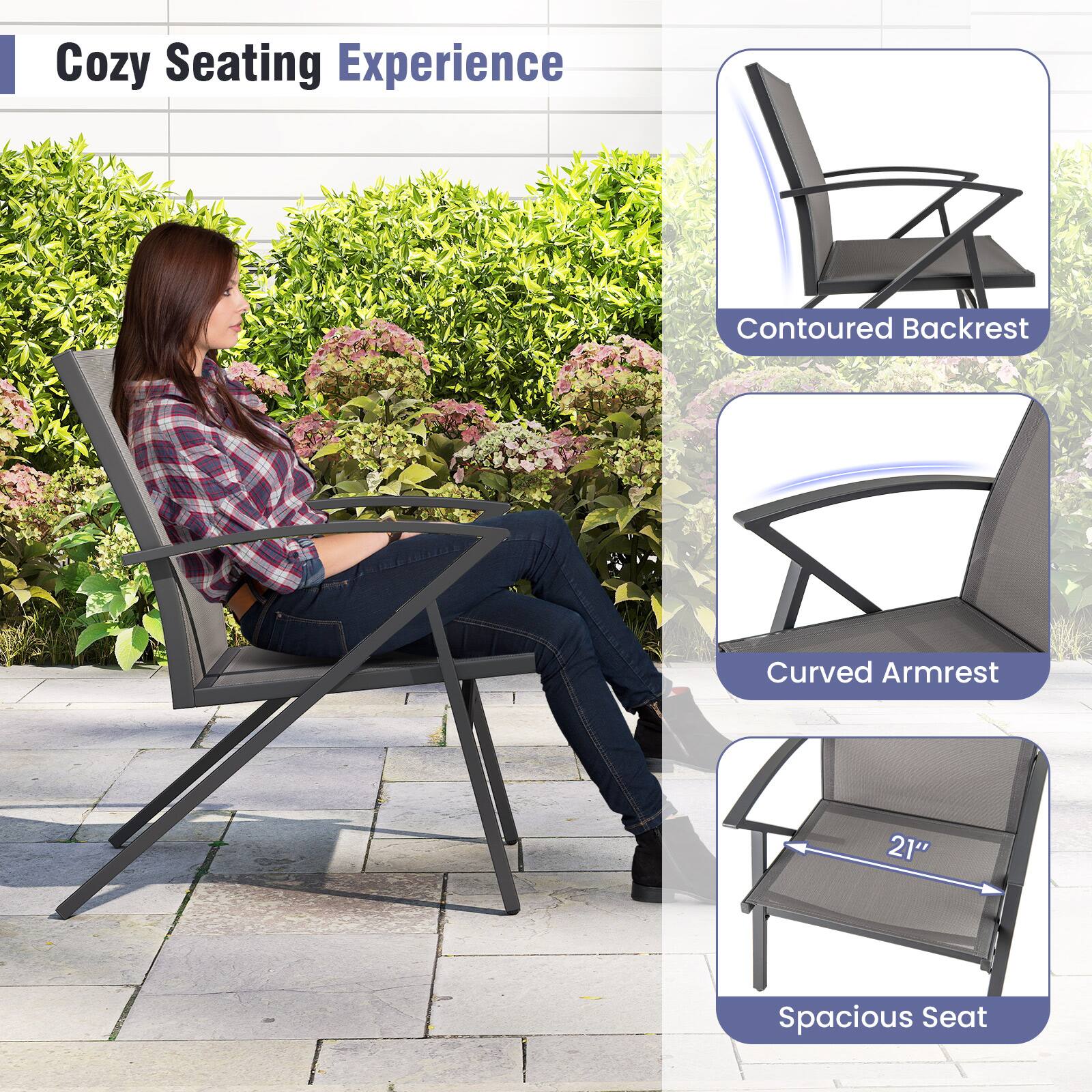Cozy Seating Experience

- Contoured Backrest
- Curved Armrest
- Spacious Seat (21")