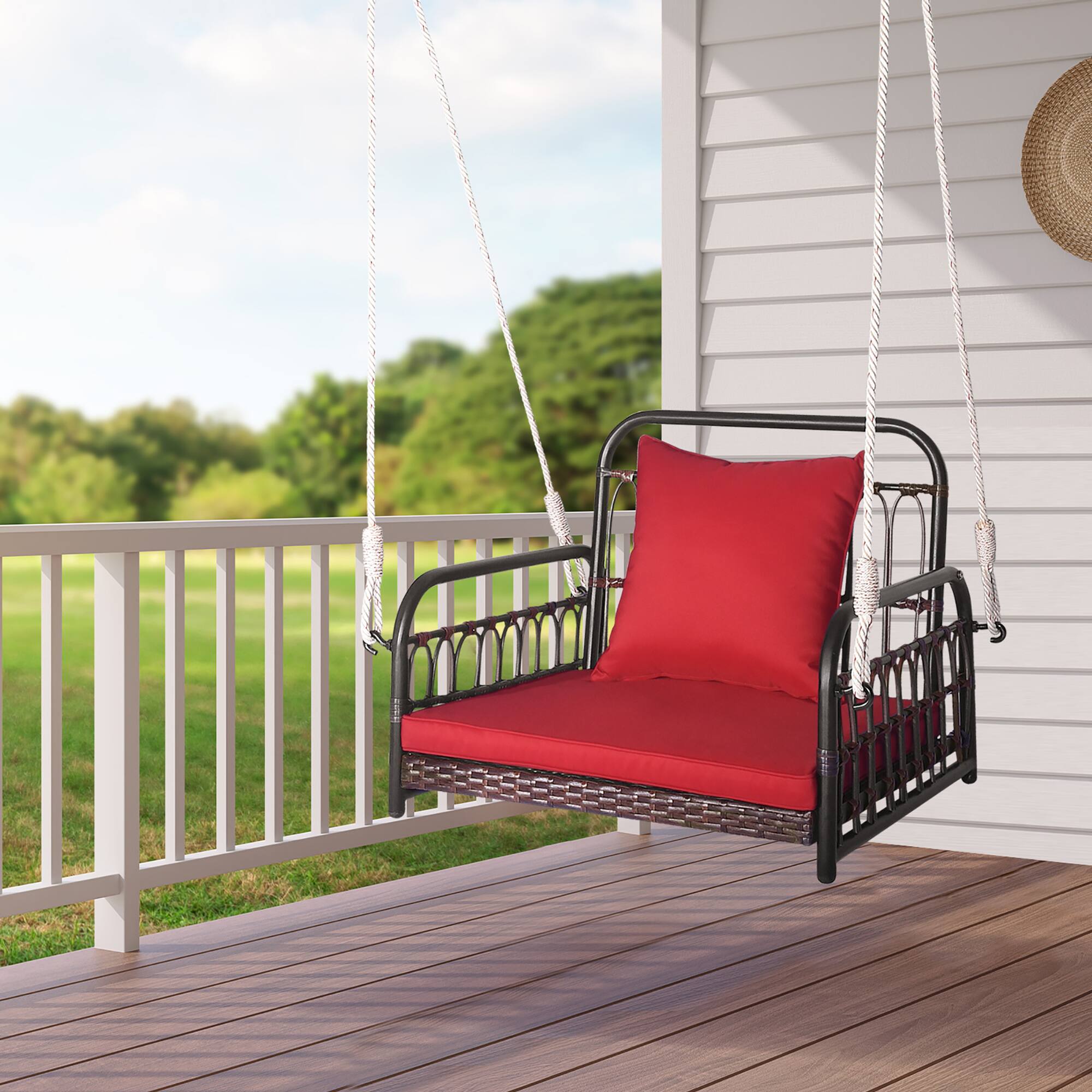 Alt View 1. Gymax - Gymax Single Person Hanging Swing Outdoor Hanging Seat w/ Back Cushion & Seat Cushion - Red.