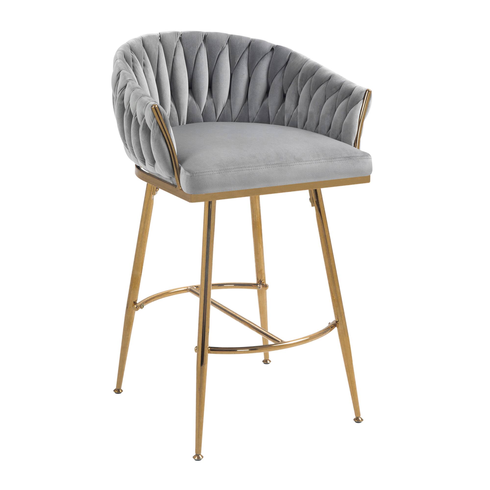 Back. GOODSILO - Set of 2 Velvet Upholstered Bar Stools with Golden Chrome Base, Counter Height Stools for Kitchen Island or Bar Seating - Grey.