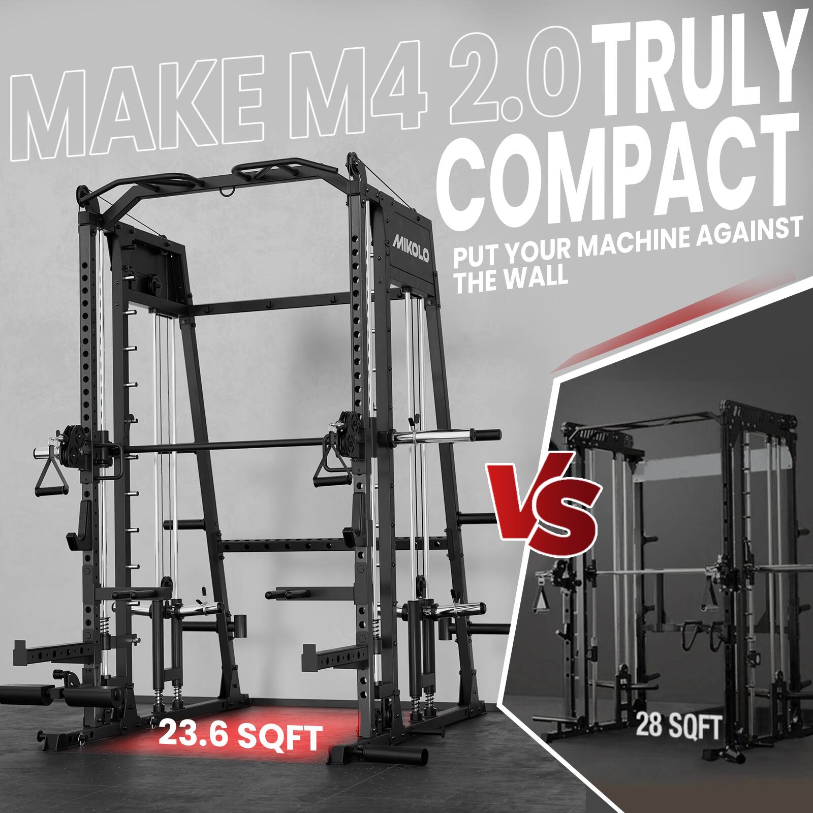 MAKE M4 2.0 TRULY COMPACT MACHINE AGAINST MIKOLLO PUT YOUR MACHINE AGAINST THE WALL

23.6 SQFT

VS

28 SQFT