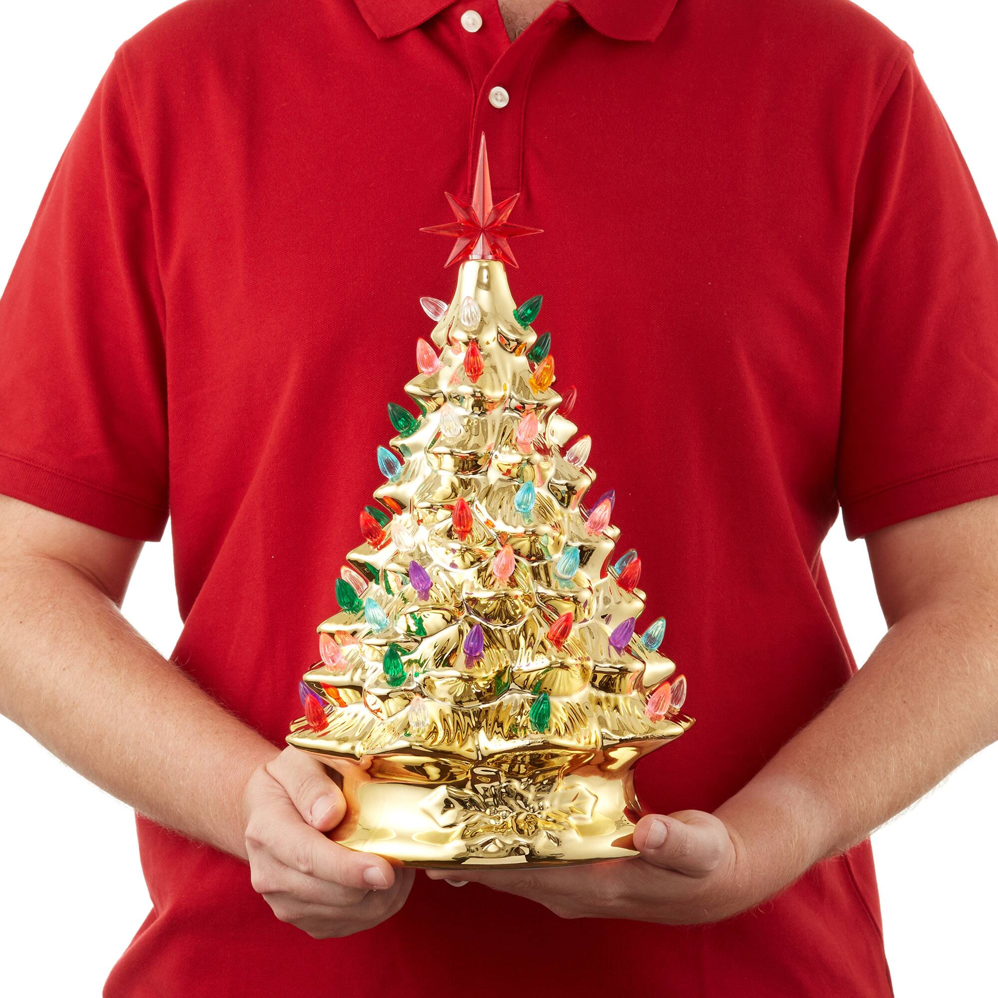 Alt View 2. Casafield - 15-in Hand Painted Ceramic Christmas Tree - Pre-Lit Tree with Star - Gold.