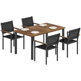 Outsunny - 5 Piece Outdoor Dining Set, Outdoor Table and Chairs for 4, Rectangular Acacia Wood Tabletop and Mesh Stackable Chairs - Teak
