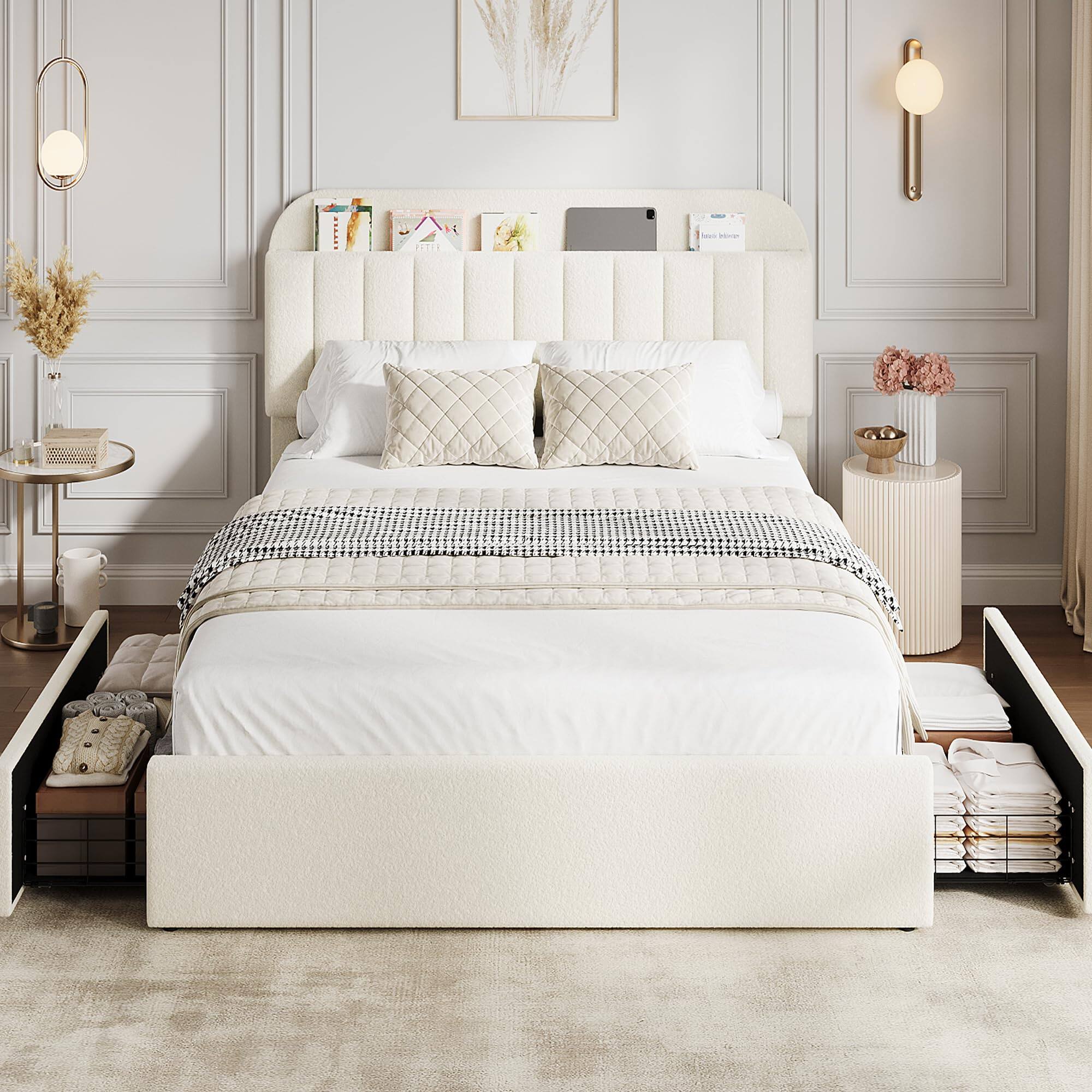 Left. Jojoka - Full Bed Frame with 2 Flexible Drawers and Bookcase Headboard, Boucle Upholstered Platform Bed for Boys/Girls - Beige.