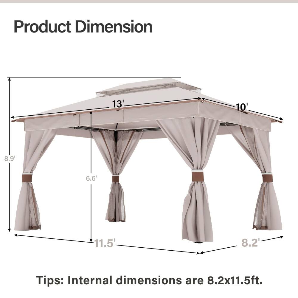 Product Dimension

13'
10'
8.9'
6.6'
11.5'
8.2'

Tips: Internal dimensions are 8.2x11.5ft.