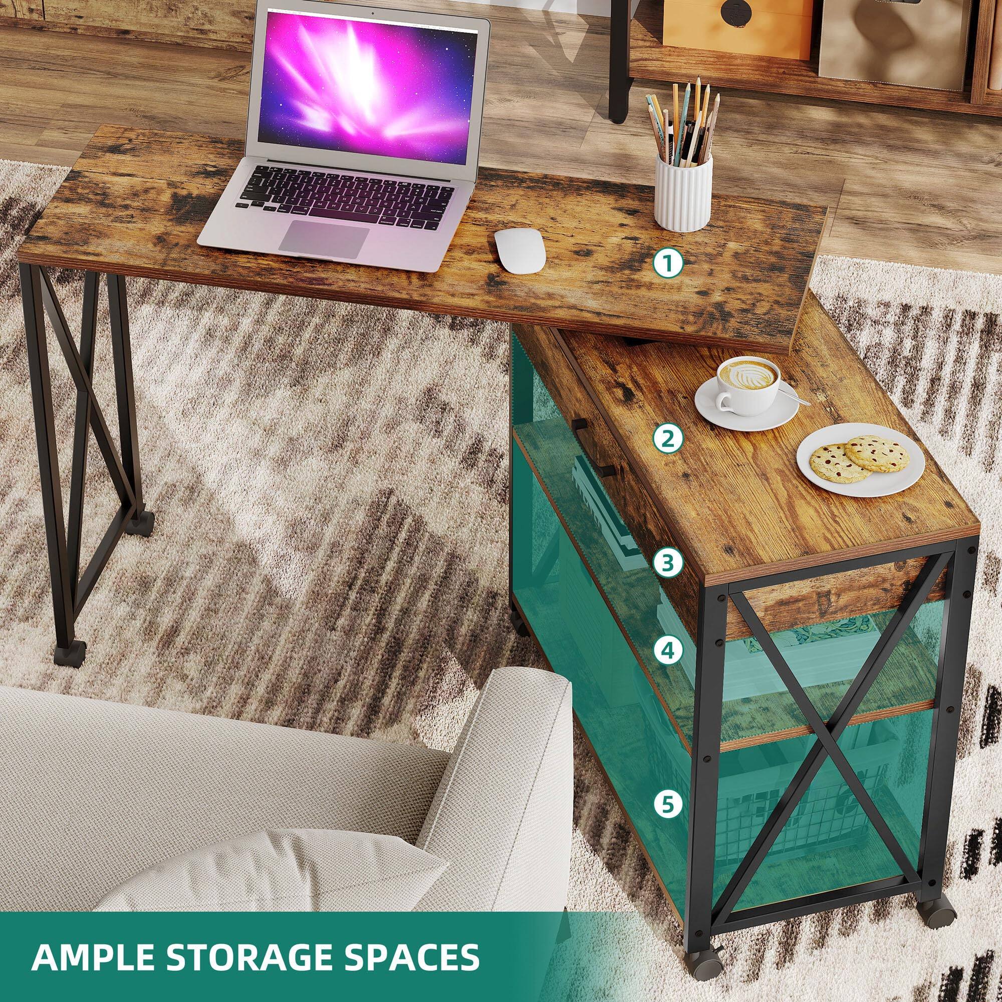 1. Laptop
2. Coffee cup and cookies
3. Pencil holder
4. Glass shelf
5. Glass shelf

AMPLE STORAGE SPACES
