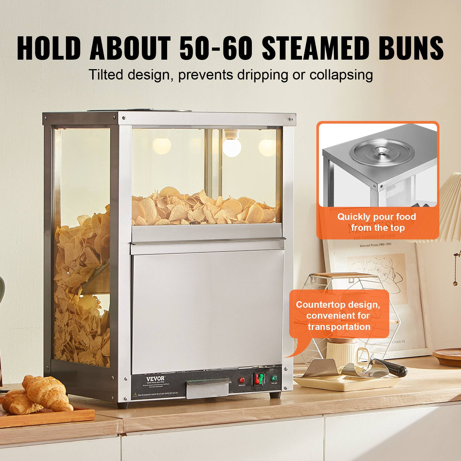 HOLD ABOUT 50-60 STEAMED BUNS  
Tilted design, prevents dripping or collapsing  

Quickly pour food from the top  

Countertop design, convenient for transportation  

VEVOR
