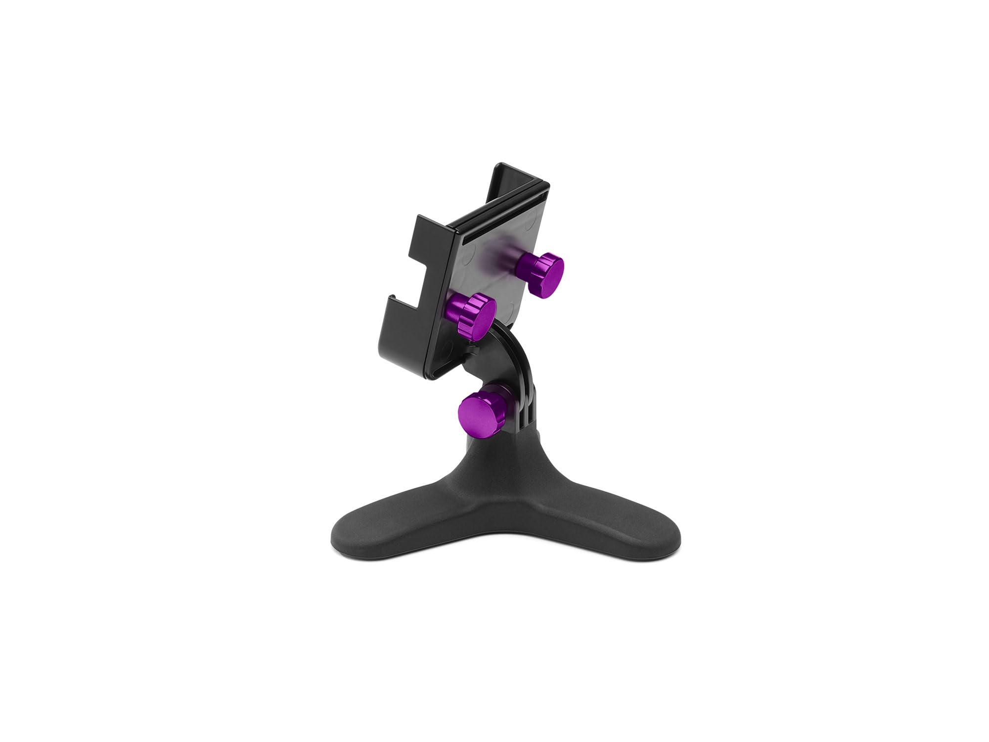 Front. WeatherTech - DeskFone Two View | Rotatable & Adjustable Universal Desktop Cell Phone Holder – Black Body – Violet Metal Knobs - Black/Violet Metal.