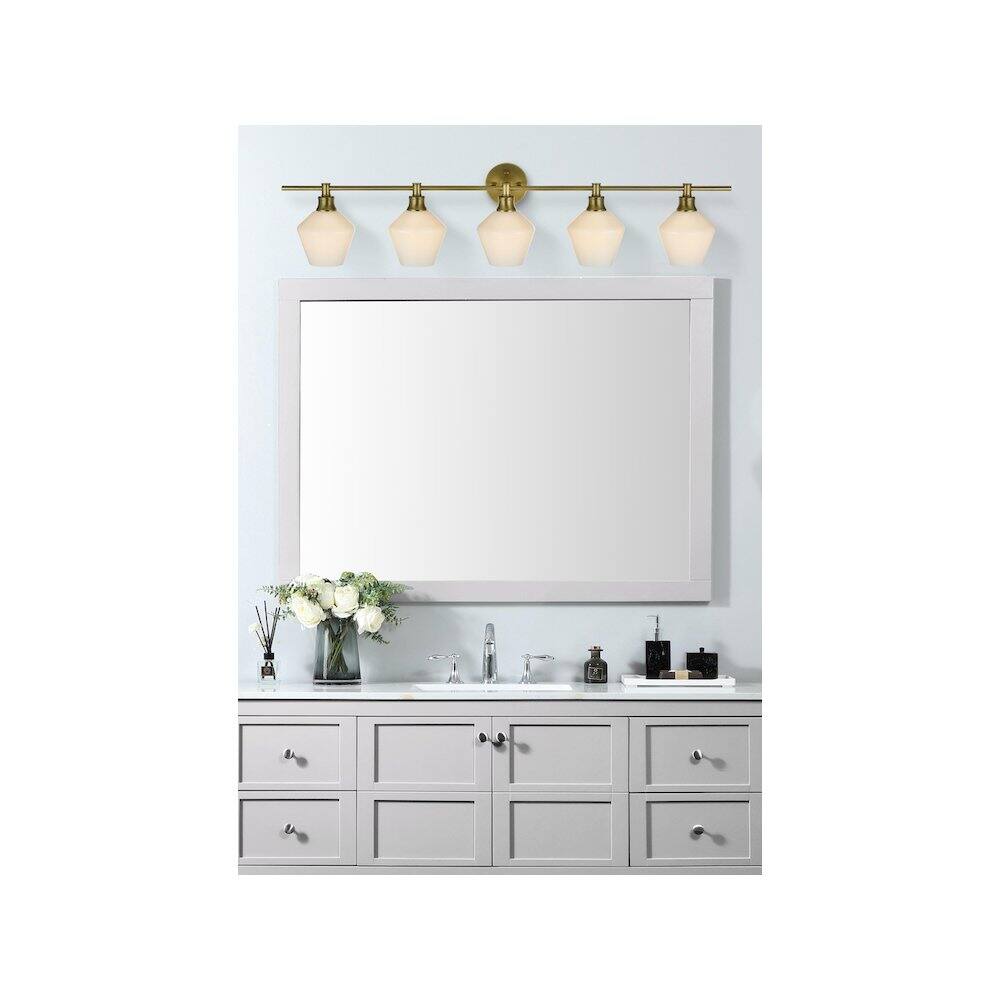 Alt View 4. Living District - Gene 5 Light Satin Gold and Frosted White Glass Wall Sconce - Satin Gold.