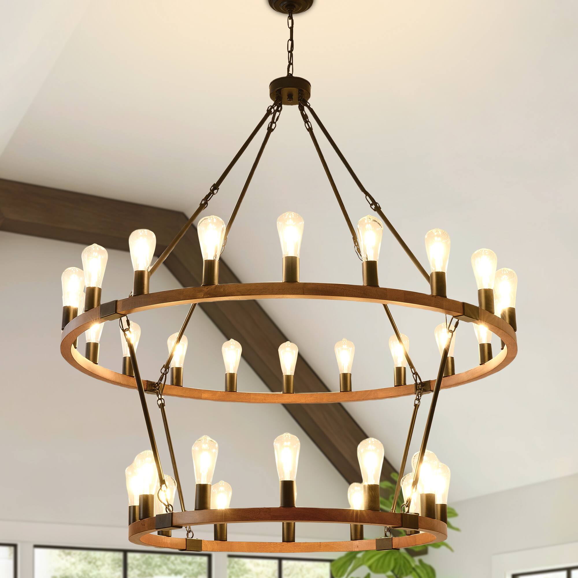 Front. RYHNUYNE - 2 Tier Wooden Wagon Wheel Chandelier,32-Light 47'' Large Farmhouse Chandelier,Round Wood Chandelier for High Ceiling - Brown.