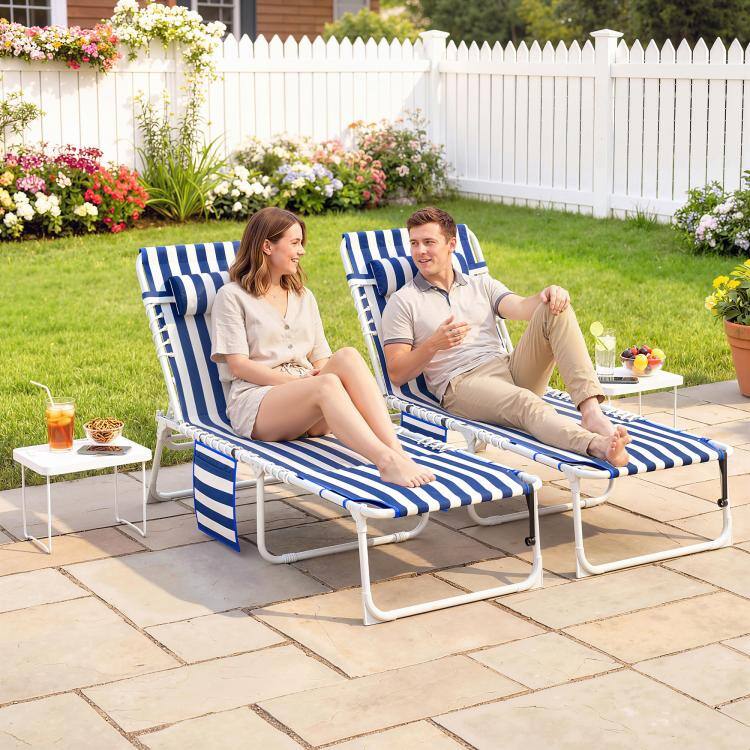 Alt View 2. PULUZ - Tanning Chair Set of 2 with Face Hole and Side Table, 5-Position Folding Outdoor Chaise Lounge Chair, - Blue and White.