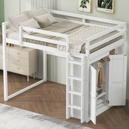Whisen - Full Size Loft Bed with Built-in Wardrobe, Storage Shelves and LED Light, Wood Frame - White