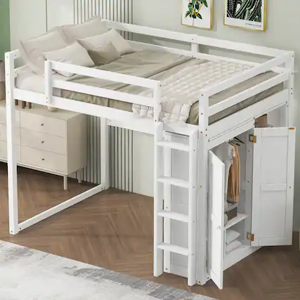 Front. Whisen - Full Size Loft Bed with Built-in Wardrobe, Storage Shelves and LED Light, Wood Frame - White.