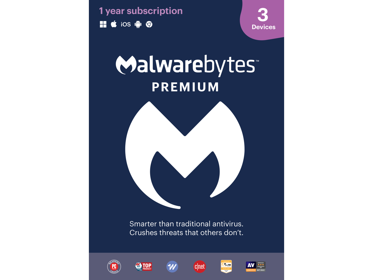 1 year subscription iOS 3 Devices TM Malwarebytes PREMIUM Smarter than traditional antivirus. Crushes threats that others don't.